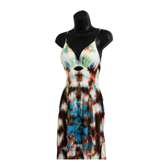 YFB Young fabulous & broke delphine chiffon blue brown tiedye cutout maxi dress - Picture 14 of 16